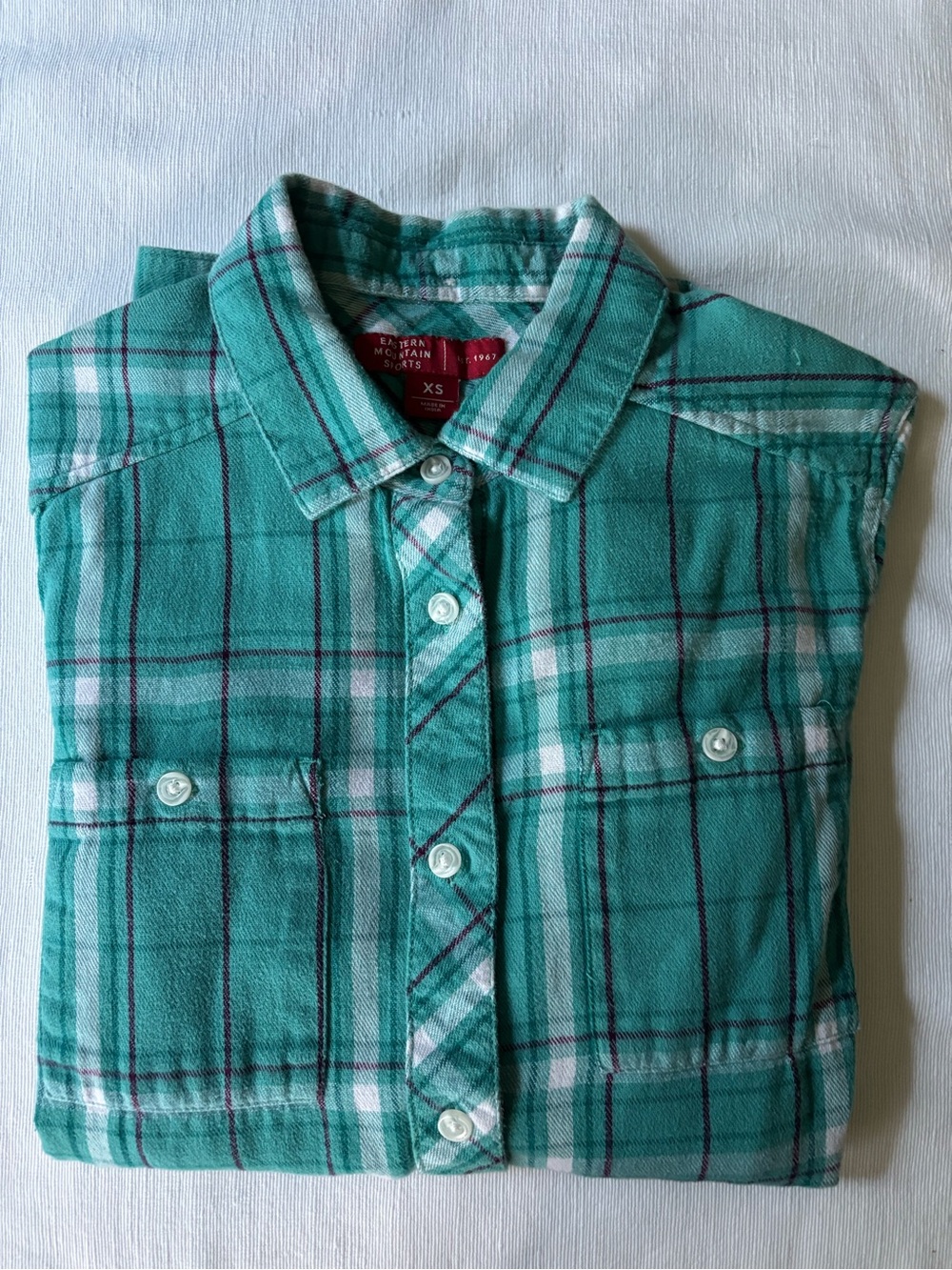 EMS Plaid Button-Down Flannel Shirt in Teal Green - Women's XS